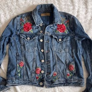 Blank NYC Denim Jacket with Red Floral Details